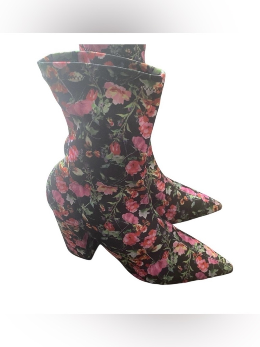 Steve Madden Lombard Floral Sock Boots Pointed Toe Block Heel 9